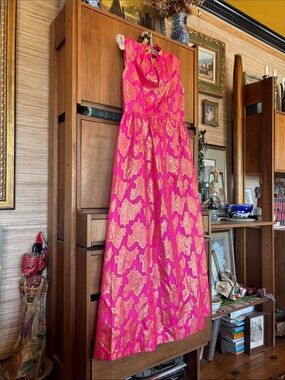 Vintage 60s Pink Floral Maxi Dress metallic Flower psychedelic fuchsia gold glam